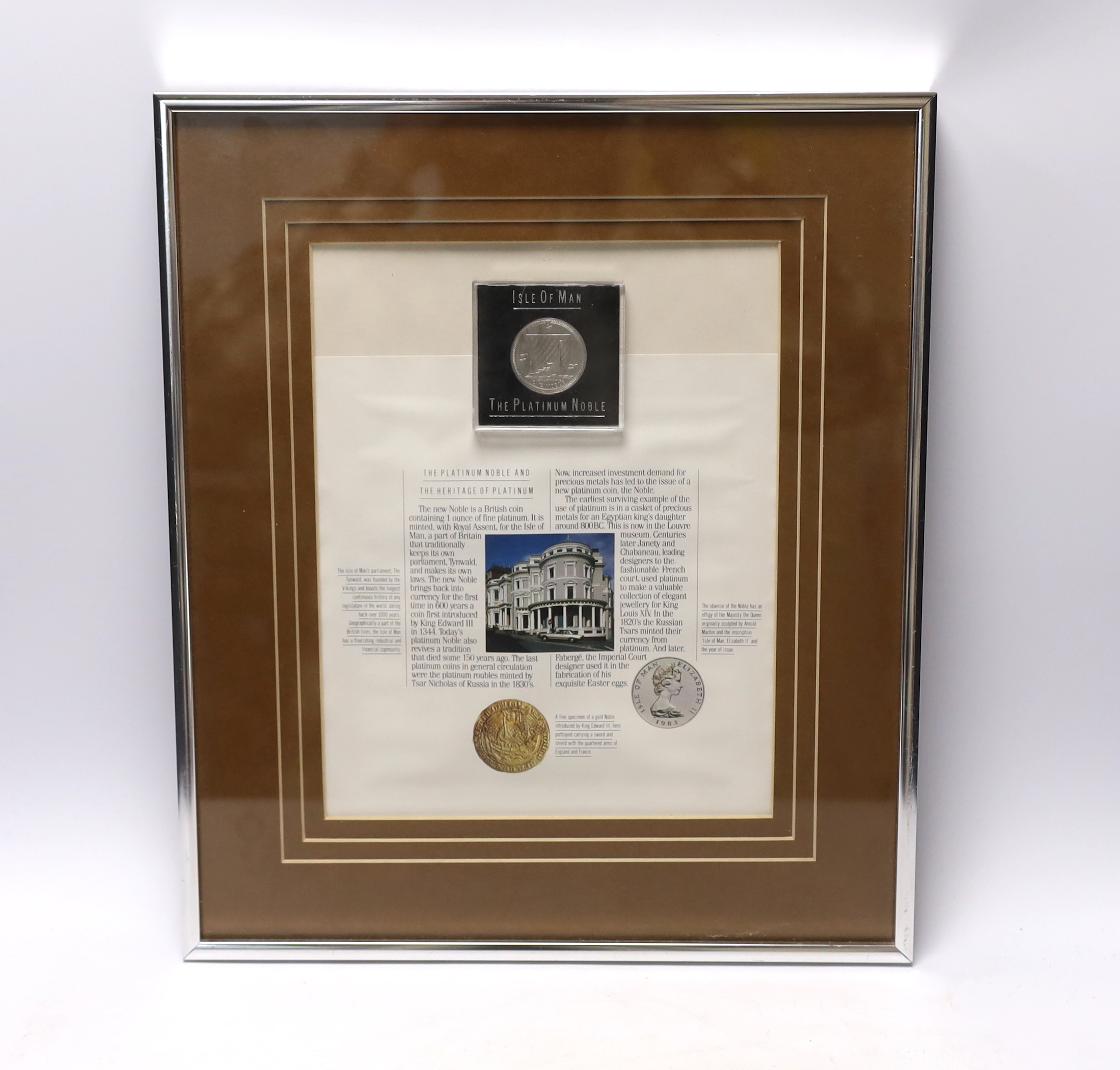 An Isle of Man 1oz. platinum one noble coin, framed display, 19.5cm x 24cm not including mount or frame